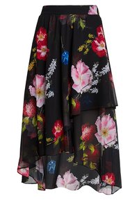 Falda negra con un diseño en capas. Presenta grandes flores en rosa, rojo y azul, confeccionada con una tela transparente y una cintura elástica.