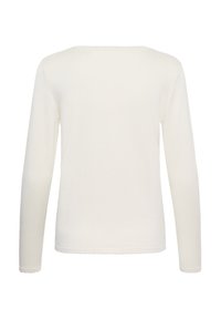 White long-sleeve top, round neckline, ribbed texture, minimal design, unfinished hem at the cuffs and bottom, soft knit material.