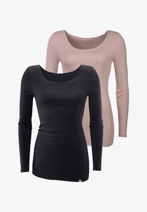 Two long-sleeve shirts, one black and one light pink, featuring a scoop neckline and a fitted design in a smooth, stretchy fabric.