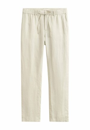 Pantalon en lin beige clair avec taille à cordon, fermeture boutonnée et coupe droite.