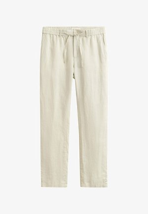 Pantalon en lin beige clair avec taille à cordon, fermeture boutonnée et coupe droite.