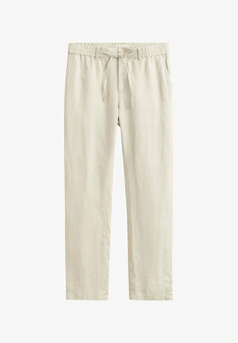Lichtbeige linnen broek met een taille met trekkoord, knoopsluiting en rechte pijp.