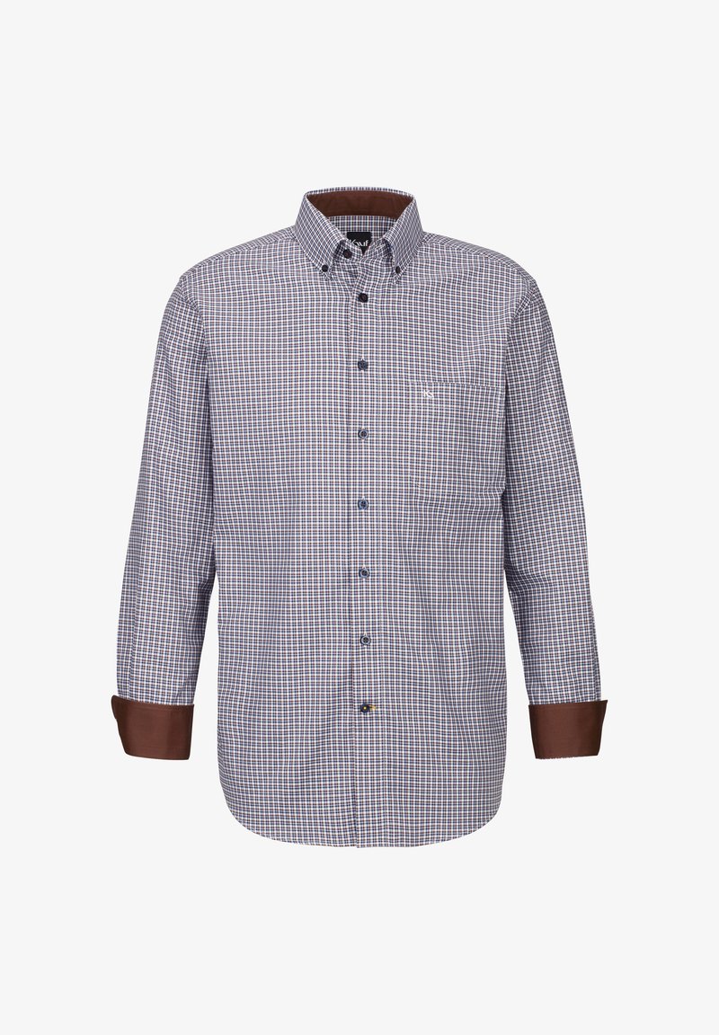 Camicia con bottoni, caratterizzata da un motivo a quadri blu navy e bianchi, polsini marroni e una tasca sul petto con dettaglio del logo.