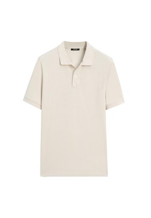 Polo beige a maniche corte con colletto e patta con due bottoni, mostrata distesa su uno sfondo bianco.