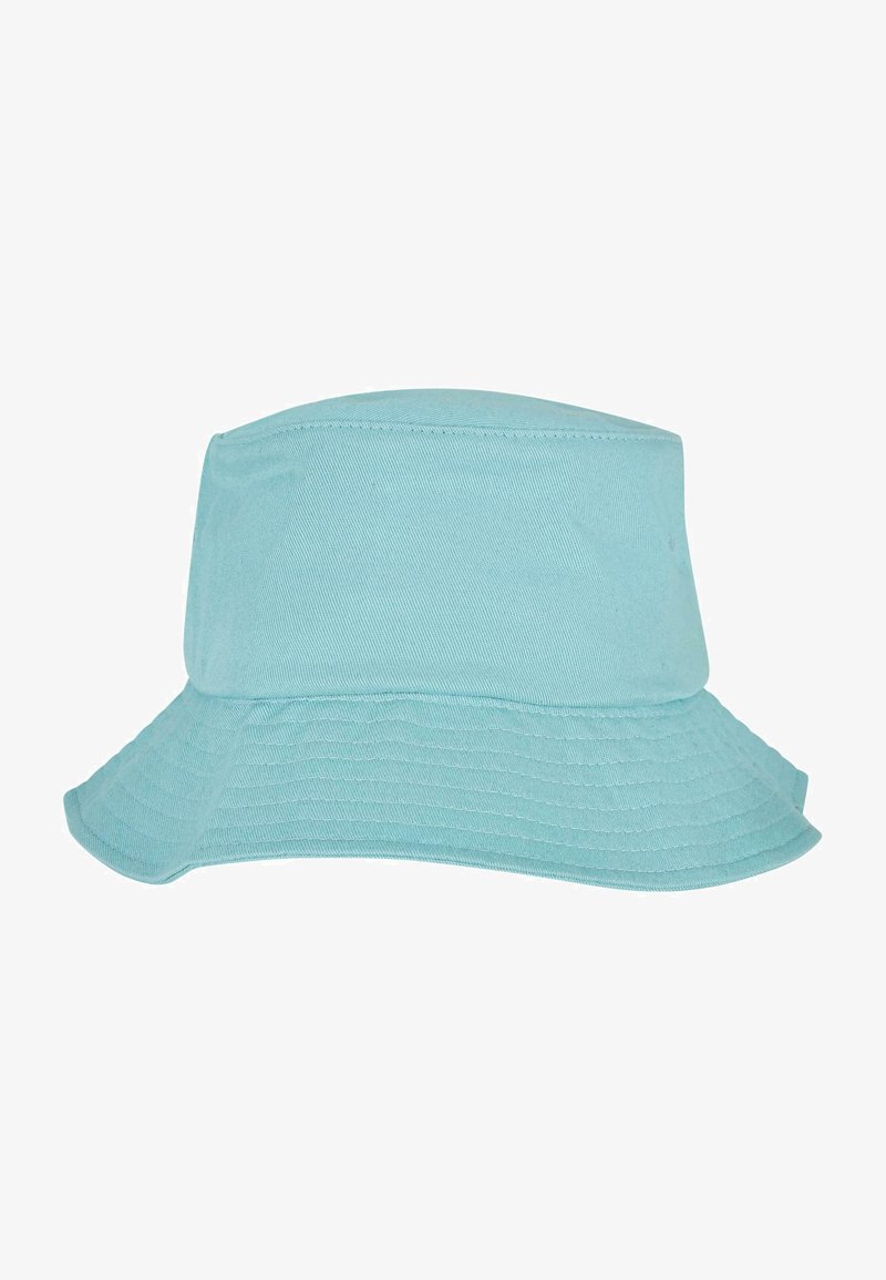 Light blue cotton bucket hat with a wide, flat brim and a structured top. Features stitched detailing along the brim edge.