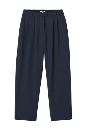 Pantalons bleu marine à coupe décontractée, avec des plis sur le devant, une texture lisse et une coupe droite. Pas de poches visibles ni de décorations.