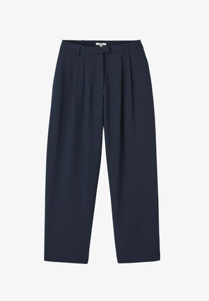 Pantalons bleu marine à coupe décontractée, avec des plis sur le devant, une texture lisse et une coupe droite. Pas de poches visibles ni de décorations.