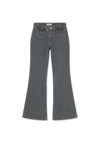 Jeans de denim gris acampanados con un diseño de cinco bolsillos, cierre de cremallera y un sutil hilo beige. Presentan una textura suave y piernas anchas.