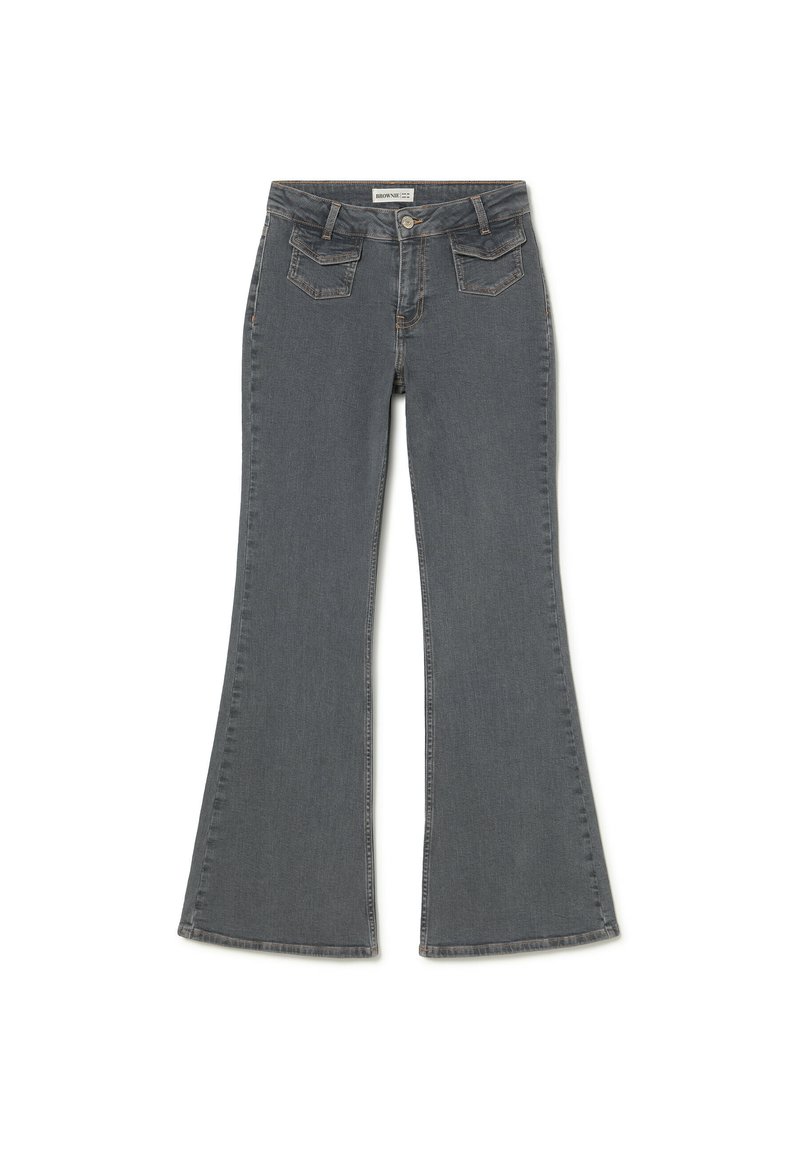 Jeans de denim gris acampanados con un diseño de cinco bolsillos, cierre de cremallera y un sutil hilo beige. Presentan una textura suave y piernas anchas.
