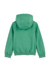 Felpa verde con una texture morbida, dotata di cappuccio, polsini e vita elasticizzati. Design semplice con dettagli delle cuciture sul retro.
