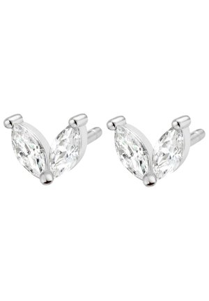 Boucles d’oreilles clous avec deux pierres précieuses claires taillées en marquise, serties dans des griffes en argent formant un V, avec des tiges droites pour oreilles percées.