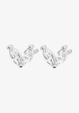 Boucles d’oreilles clous avec deux pierres précieuses claires taillées en marquise, serties dans des griffes en argent formant un V, avec des tiges droites pour oreilles percées.