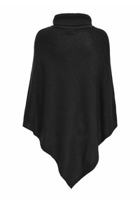 Poncho noir en tricot avec un col haut à côtes. Présente une forme triangulaire ample et un tissu texturé, offrant chaleur et couverture.
