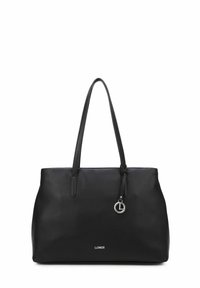 Schwarze Leder-Tote-Tasche mit zwei langen Griffen, einem runden Metallelement und einem dezenten Logo am Boden. Glatte Textur und strukturierte Form.