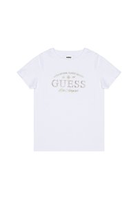 T-shirt bianca in cotone con scollo a girocollo, caratterizzata da unlogo "GUESS" in oro metallico e testo decorativo sul petto.
