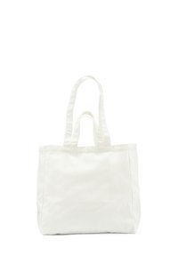 Weiße Leinentasche mit zwei oberen Griffen, rechteckiger Form und flachem Boden. Robustes Material mit gesteppten Details entlang der Kanten.