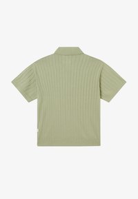 Polo en maille vert clair à manches courtes avec côtes verticales et col plié, vu de dos.