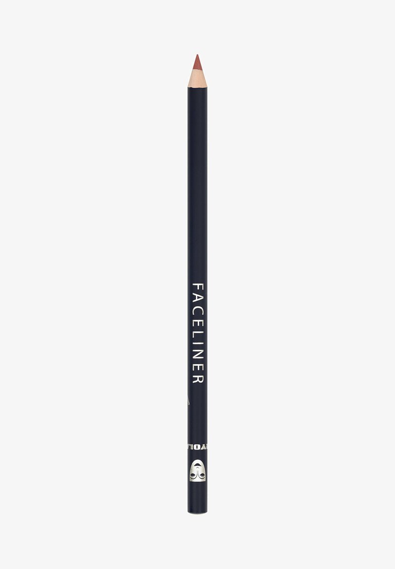 Black cosmetic pencil labeled "Faceliner" with a sharpened rose-colored tip on a white background.