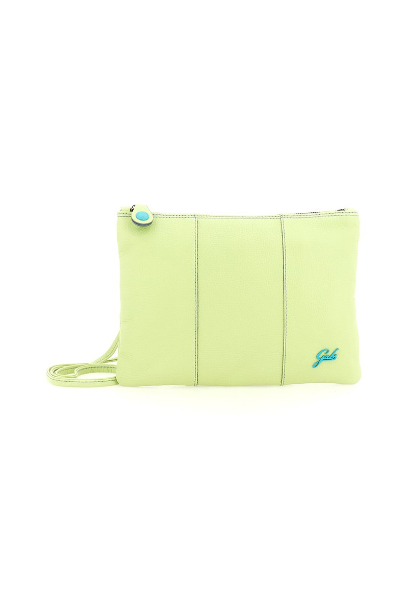 Clutch in pelle verde chiaro con una tracolla, tirazip blu e un piccolo logo blu nell'angolo in basso a destra.