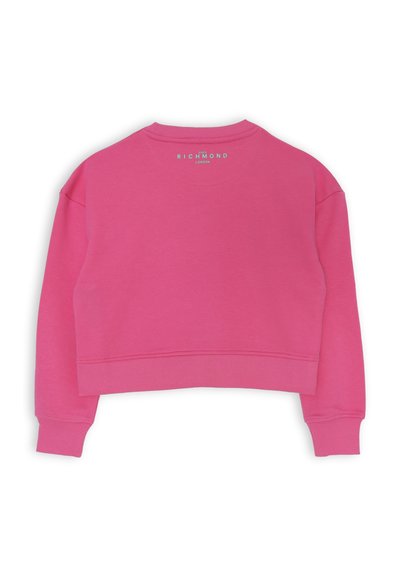Felpa rosa corta con maniche lunghe, polsini e orlo a coste. Presenta un girocollo e il logo del marchio in azzurro sul retro.