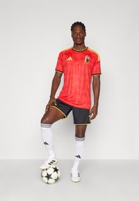 Man draagt het Belgische voetbaltenue en staat met één voet op een zwart-witte voetbal tegen een effen achtergrond.