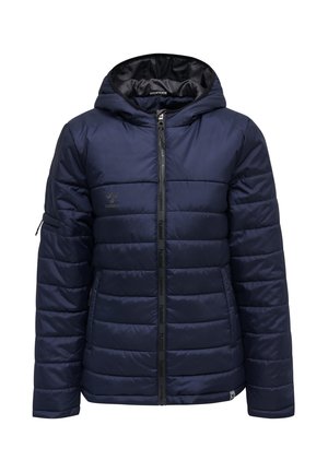 Granatowa pikowana kurtka zimowa z kapturem, zamkiem z przodu, długimi rękawami i dwoma bocznymi kieszeniami.