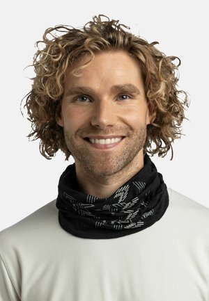 Black multifunctional neck gaiter with white geometric patterns, made of stretchy fabric, worn around the neck against a plain background.