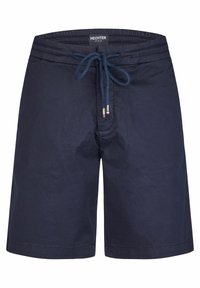 Navyblaue Badeshorts mit elastischem Bund, Kordelzugverschluss und minimalistischer Gestaltung. Hergestellt aus leichtem Stoff.