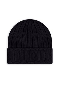 Berretto lavorato a maglia nero con texture a costine e bordo pieghevole. Presenta una parte superiore arrotondata ed è realizzato in morbido filato.