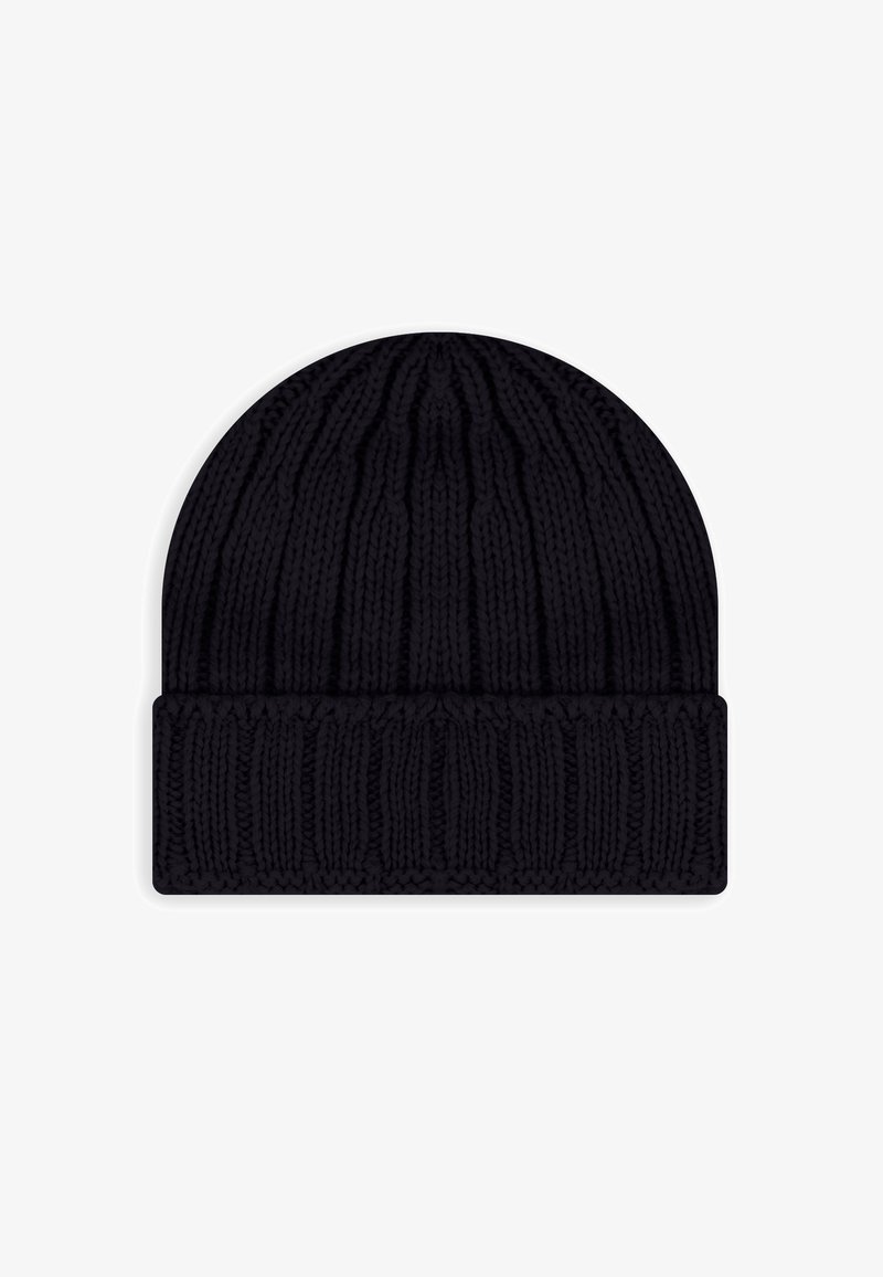 Berretto lavorato a maglia nero con texture a costine e bordo pieghevole. Presenta una parte superiore arrotondata ed è realizzato in morbido filato.