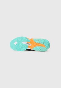 Shoe sole featuring a combination of teal, orange, and white with textured patterns for grip and flexibility. Curved design enhances performance.