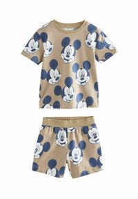 Short-sleeve, beige cotton set featuring repeated blue and white Mickey Mouse graphic patterns. The shorts have an elastic waistband.