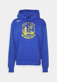 Felpa blu in cotone misto con tasca frontale, cappuccio con cordino e grafica gialla del logo dei Golden State Warriors.