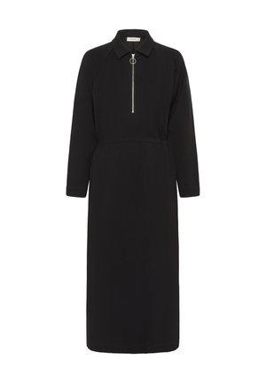 Sort langærmet midi-kjole med krave og foran sølv lynlås med rundt trækøje, tætsiddende talje og lige skørt.