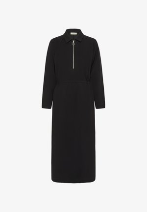 Čierne midi šaty s dlhým rukávom, golierom a predným strieborným zipsom s okrúhlym ťahadlom, priliehavým pásom a rovným strihom sukne.