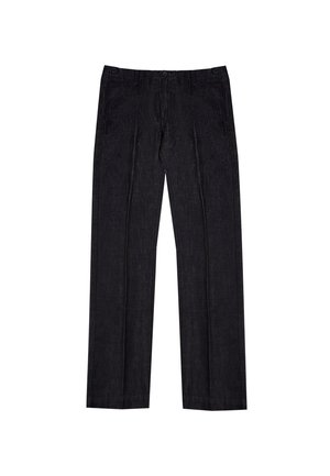 Dunkelblaue Jeans mit geradem Bein, ausgestattet mit zwei vorderen Taschen und einem Reißverschluss mit Knopfverschluss.