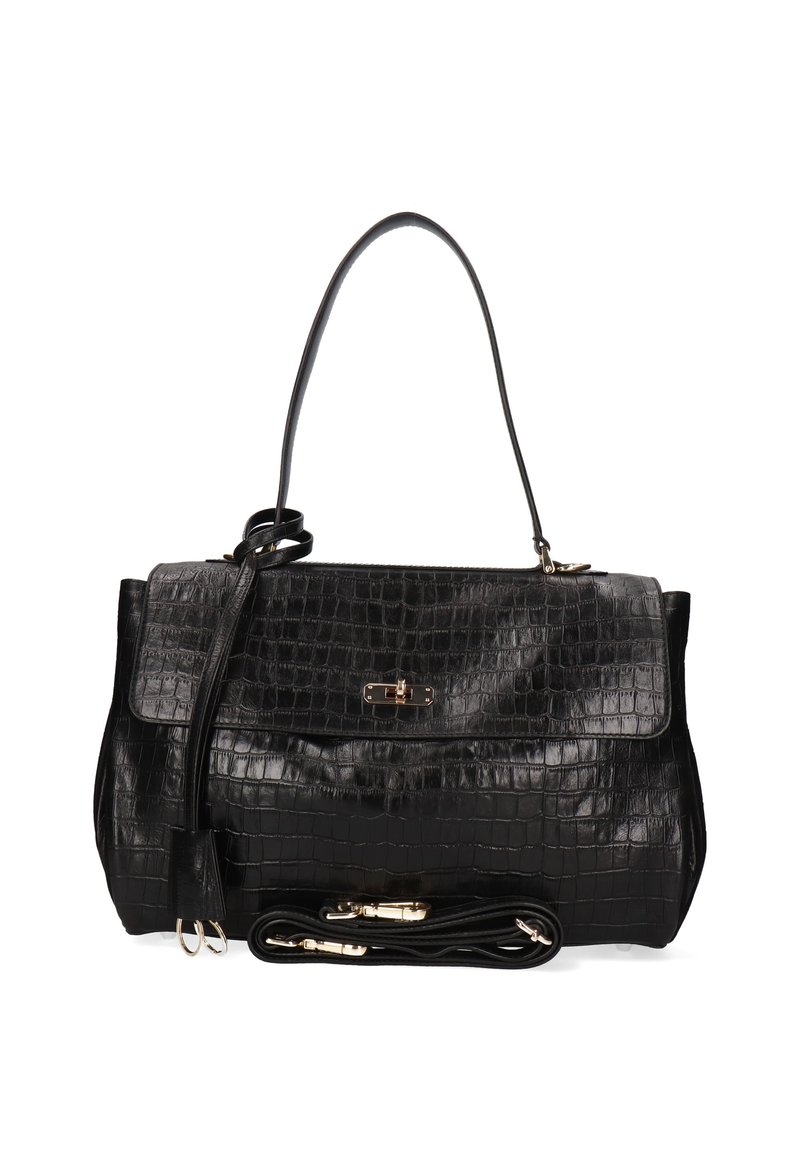 Bolso de mano de cuero negro con estampado de cocodrilo, con asas en la parte superior, cierre de solapa y correa de hombro desmontable con herrajes en tono dorado.