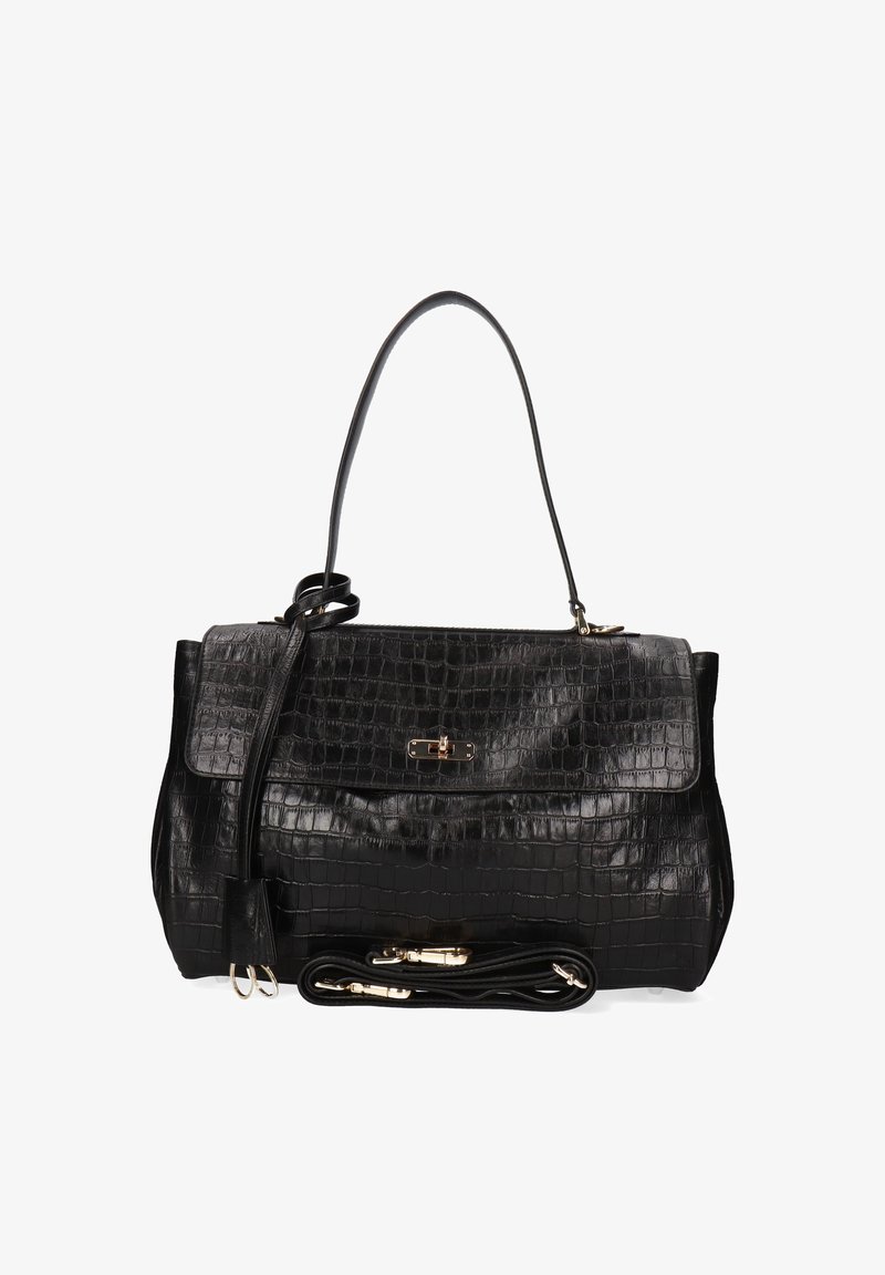 Bolso de mano de cuero negro con estampado de cocodrilo, con asas en la parte superior, cierre de solapa y correa de hombro desmontable con herrajes en tono dorado.
