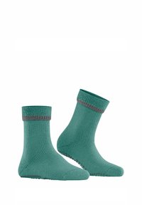 Calzini alla caviglia turchesi con un bordo a coste grigio, caratterizzati da un design di lavorazione a maglia testurizzata e un motivo a pois antiscivolo sulle suole.