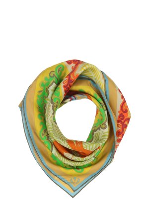 Silk scarf in vibrant yellow, featuring intricate green, red, and blue patterns. Triangular shape with a smooth texture and rolled edges.