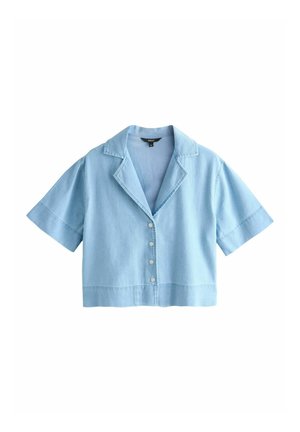Világoskék, rövid ujjú, kivágott galléros ing, elülső gombokkal, puha, farmerhoz hasonló anyagból készült.