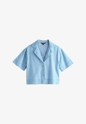 Világoskék, rövid ujjú, kivágott galléros ing, elülső gombokkal, puha, farmerhoz hasonló anyagból készült.