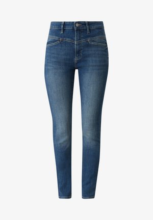 Cienkie dżinsy w ciemnoniebieskim denimu z medium- wysokim stanem, pięcioma kieszeniami i subtelnym wyblaknięciem, które dodaje tekstury i głębi. Posiadają zapięcie na guzik z przodu.