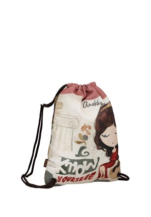 Sacca con coulisse con illustrazione di una ragazza, testo "Conosci te stesso", sezione superiore rosa e corde nere per le spalle su sfondo bianco.