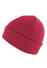 Caciula tricotată roșie cu margine pliată, prezentând un material moale și texturat și o formă rotundă a vârfului. Potrivită pentru îmbrăcăminte casual.