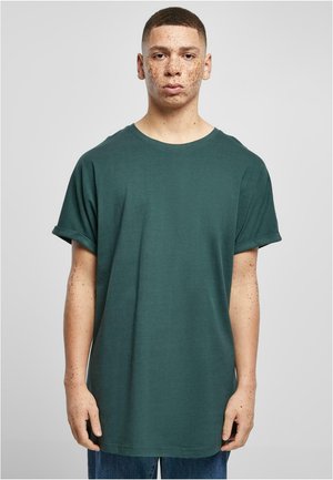 Grünes Kurzarm-T-Shirt mit umgeschlagenen Ärmeln, Rundhalsausschnitt, lockerer Passform, glatter Textur und dezenten Nähdetails. Geeignet für legere Anlässe.