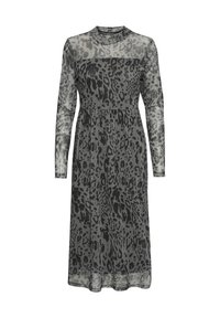 Robe à manches longues en tissu transparent arborant un imprimé léopard gris et noir. Silhouette droite avec un col rond et un ourlet fluide.