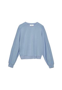 Felpa croppedazzurro chiaro con maniche raglan, polsini e fondo a coste, realizzata in tessuto morbido, con un design semplice e privo di decorazioni.