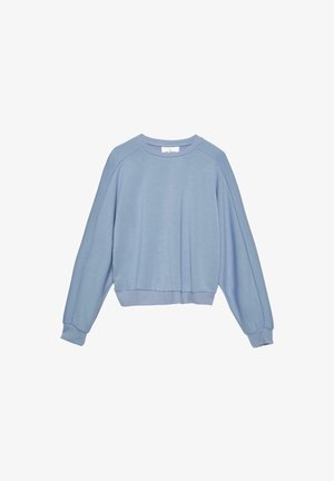 Helles blaues, verkürztes Sweatshirt mit Raglanärmeln, gerippten Bündchen und Saum, aus weichem Stoff, mit einem schlichten, unverzierten Design.