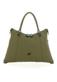 Borsa color verde oliva con design strutturato, materiale sintetico liscio, accessori neri e due distinti accenti turchesi sulla chiusura.